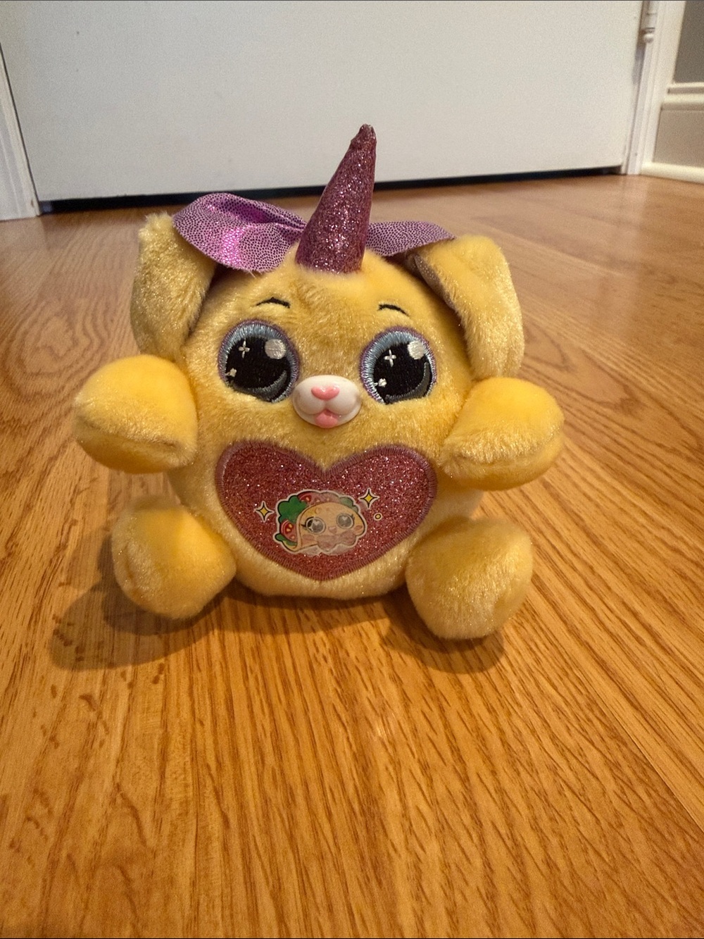 Puppycorn Yellow Unicorn/Puppy Plush with Pink Glitter Heart, Wings, and Bow